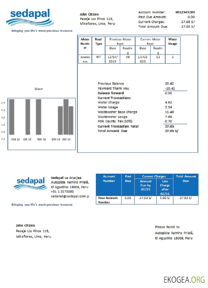 Peru Sedapal La Atarjea water utility bill template in Word and PDF format